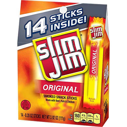 Product Cover Slim Jim Snack-Sized Smoked Meat Sticks, Original Flavor, Keto Friendly, 0.28 oz. 14-Count