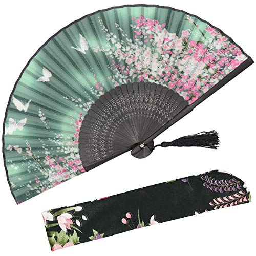 Product Cover OMyTea Women Hand Held Silk Folding Fan with Bamboo Frame - with a Fabric Sleeve for Protection for Gifts - Sakura Cherry Blossom Pattern (WZS-2)