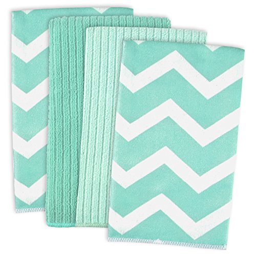 Product Cover DII Microfiber Multi-Purpose Cleaning Towels Perfect for Kitchens, Dishes, Car, Dusting, Drying Rags, 16 x 19, Set of 4 - Aqua Chevron