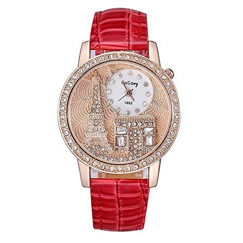 Product Cover Red Leather with Full Crystal Eiffel Tower with Bezel Small Dial for Girl's Quartz Watches