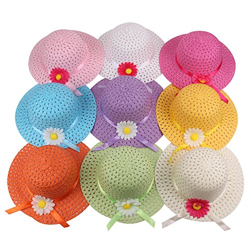 Product Cover Girls Sunflower Straw Tea Party Hat Set (9 Pcs, Assorted Colors)