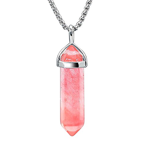 Product Cover BEADNOVA Cherry Quartz Necklace Gemstone Crystal Necklace for Women Healing Stone pendant Jewelry for Men Pendulum Divination Hexagonal pendant (18 Inches Stainless Steel Chain)