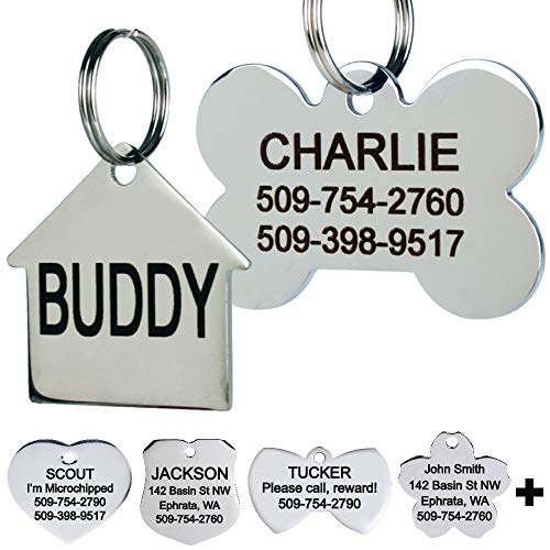 Product Cover GoTags Stainless Steel Pet ID Tags, Personalized Dog Tags and Cat Tags, up to 8 Lines of Custom Text Engraved on Both Sides, in Bone, Round, Heart, Bow Tie, Flower, Star and More (Doghouse, Small)