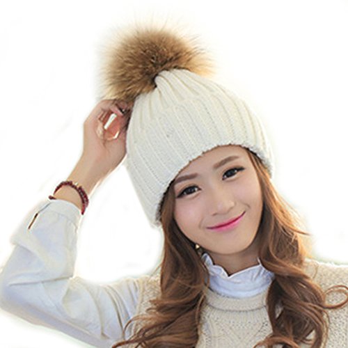 Product Cover FURTALK Winter Knit Hat Detachable Real Raccoon Fur Pom Pom Womens Girls Warm Knit Beanie Hat