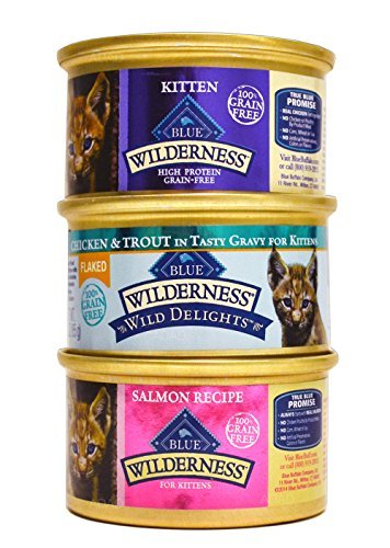 Product Cover Blue Buffalo Wilderness Grain-Free Kitten / Cat Food Variety Pack Box - 3 Flavors (Salmon, Chicken, & Flaked Wild Delights Chicken & Trout) - 12 (3 Ounce) Cans - 4 of Each Flavor
