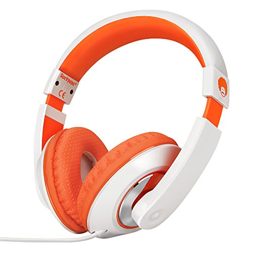 Product Cover RockPapa On Ear Stereo Headphones Earphones for Adults Kids Childs Teens, Adjustable, Heavy Deep Bass for iPhone iPod iPad MacBook Surface MP3 DVD Smartphones Laptop (White/Orange)