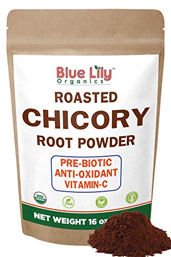 Product Cover Blue Lily Organics Roasted Chicory Root Powder (1lb) - Prebiotic Dietary Fiber Supplement for Digestion - Create Your Own Cold Brew Coffee - Caffeine Free & Healthy Coffee Alternative