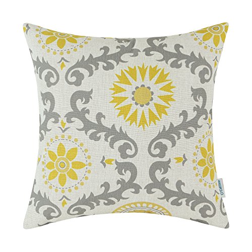 Product Cover CaliTime Canvas Throw Pillow Cover Case for Couch Sofa Home Decoration Three-Tone Dahlia Floral Compass Geometric 18 X 18 Inches Yellow/Gray