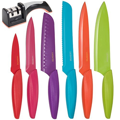Product Cover Stainless Steel Kitchen Knife Set - 13 Piece - BONUS Sharpener - 6 Knives - Chef, Bread, Carving, Paring, Utility and Santoku Knife - Cutlery Sets - Multicolor by Lucentee