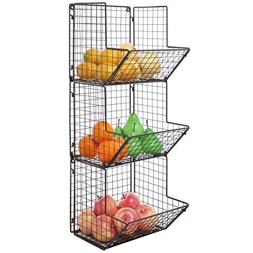 Product Cover MyGift Rustic Brown Metal Wire 3 Tier Wall Mounted Kitchen Fruit Produce Bin Rack/Bathroom Towel Baskets