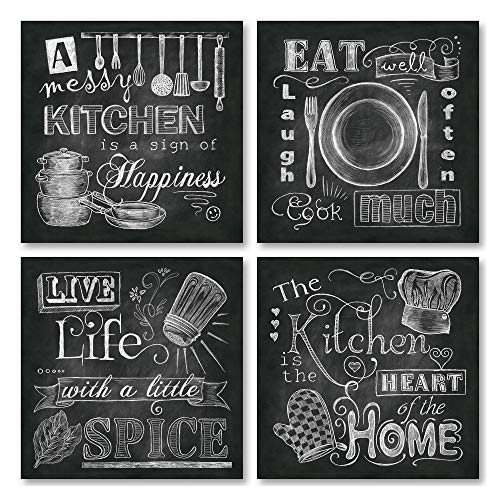 Product Cover Beautiful, Fun, Chalkboard-Style Kitchen Signs; Messy Kitchen, Heart of the Home, Spice of Life, and Cook Much; Four 8x8in Paper Poster Prints (Printed on paper made to look like chalkboard)