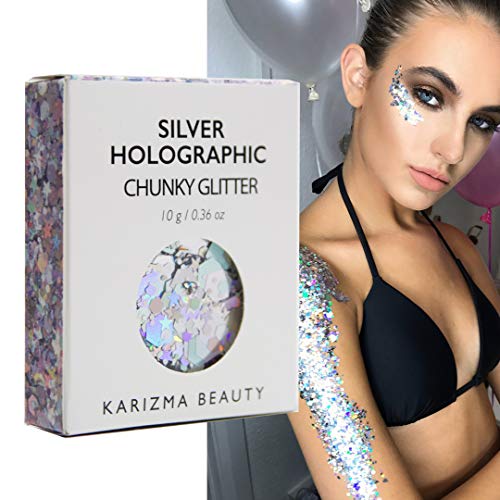 Product Cover Silver Holographic Chunky Glitter ✮ KARIZMA BEAUTY ✮ 10g Festival Glitter Cosmetic Face Body Hair Nails