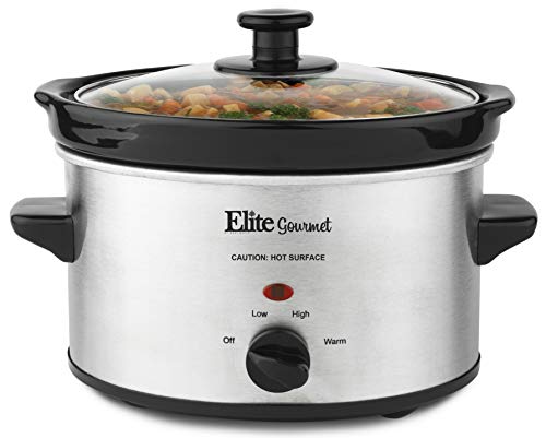Product Cover Elite Gourmet MST-275XS Electric Slow Cooker, Adjustable Temp, Entrees, Sauces, Stews & Dips, Dishwasher Glass Lid & Ceramic Pot, 2Qt Capacity, Stainless Steel