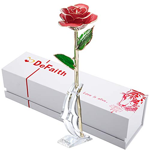 Product Cover DEFAITH 24K Gold Rose Made from Real Fresh Long Stem Rose Flower, Great Anniversary Gifts for Her, Red with Stand