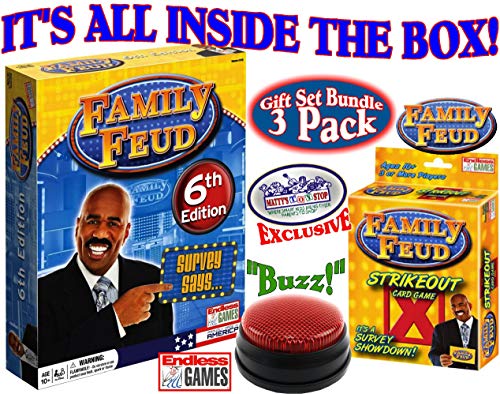 Product Cover Endless Games Family Feud 6th Edition Set Bundle Includes Strikeout Card Game, Electronic Red 3-Mode Game Answer Buzzer and Count Down Timer