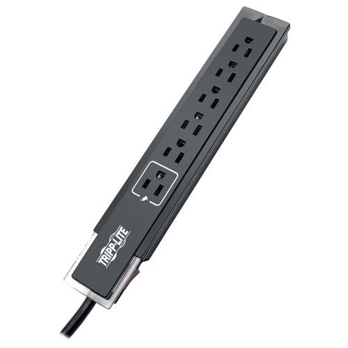 Product Cover Tripp Lite 6 Outlet Surge Protector Power Strip, Black, 6ft Cord, Tel/Fax/Modem Protection, Right-Angle Plug, $75K Insurance (TLP606SSTELB)