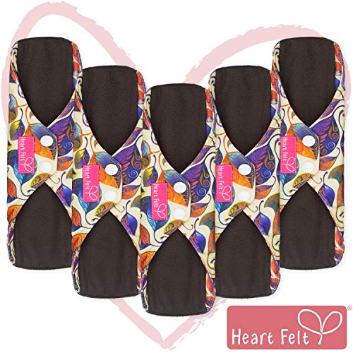Product Cover Sanitary Reusable Cloth Menstrual Pads by Heart Felt. 5 Pack Washable Natural Organic Napkins with Charcoal Absorbency Layer. Overnight Long Panty Liners for Comfort Support and Incontinence