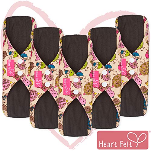 Product Cover Sanitary Reusable Cloth Menstrual Pads by Heart Felt. 5 Pack Washable Natural Organic Napkins with Charcoal Absorbency Layer. Overnight Long Panty Liners for Comfort Support and Incontinence