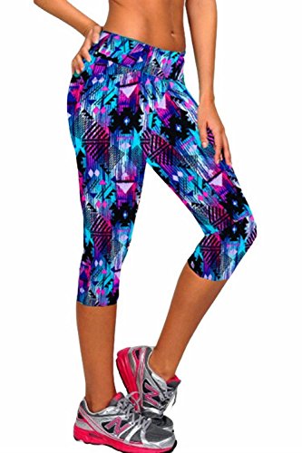 Product Cover Ancia Womens Tartan Active Workout Capri Leggings Fitted Stretch Tights Small Blue
