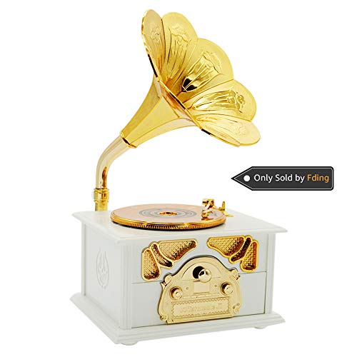 Product Cover Fding Classic Gold Horn Retro Gramophone Art Disc Music Jewellery Box & Macke up Case Home Decor (White)