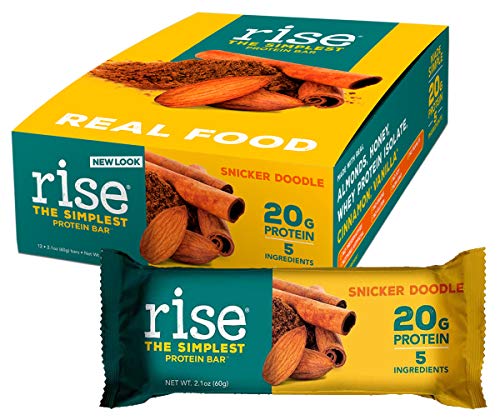 Product Cover Rise Whey Protein Bar, Snickerdoodle, Healthy Breakfast Snack Bar, 20g Protein Bar 3g Dietary Fiber, 4 Natural Whole Food Ingredients, Simplest Non-GMO, Gluten Free, Soy Free Bar, 12 Pack