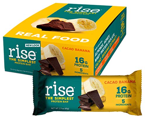 Product Cover Rise Whey Protein Bar, Cacao Banana, Healthy Breakfast & Snack Bar, 16g Protein 4g Dietary Fiber, 5 Natural Whole Food Ingredients, Simplest Non-GMO, Gluten Free, Soy Free Bar, 12 Pack