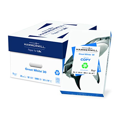 Product Cover Hammermill Paper, Great White 30% Recycled Printer Paper, 8.5 x 14 Paper, Legal Size, 20lb, 92 Bright, 10 Ream / 5,000 Sheets (086704C) Acid Free Paper