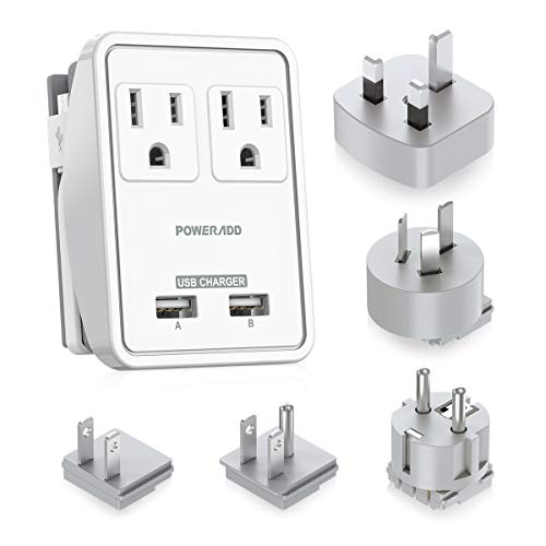 Product Cover POWERADD Travel Adapter Kit - Dual USB Ports + 2 Outlets, Universal Adapters for UK, US,Japan,China, Europe, Asia, Cruise Ship Travel, Perfect for Cellphone Laptop Camera and more - UL Listed