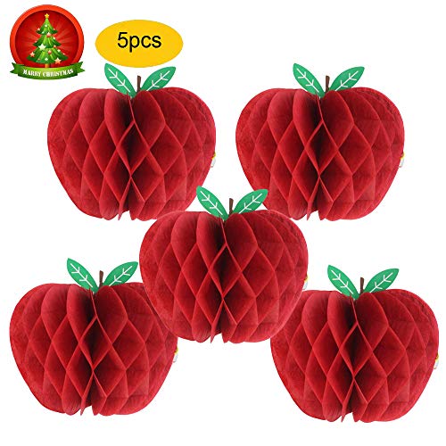Product Cover HEARTFEEL Pack of 5 Honeycomb Apple Tissue Honeycomb Hanging Apples Decorations Back to School Theme Fruit Decoration Garden Room Decoration Party Favors (Apple)