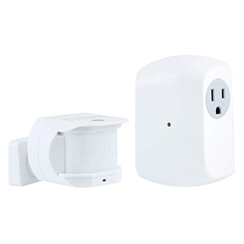 Product Cover GE, White, Wireless Motion-Sensing Control Transmitter with 1 Grounded Outlet Receiver, 30ft. Detection Range, Off after 10 Mins, for Lamps and Other Indoor Lighting, 12751