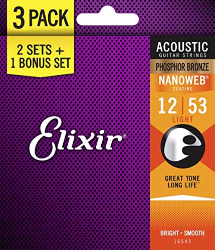 Product Cover Elixir Strings 16545 Acoustic Phosphor Bronze Guitar Strings with NANOWEB Coating, 3 Pack, Light (.012-.053)