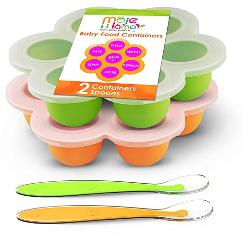 Product Cover Best Homemade Baby Food Storage Container Freezer Trays - Reusable Food Container Silicon Tray With Clip On Lid - 2 Pack Bundle With 2 Bonus Spoons - BPA Free FDA Approved 2.6 Ounce - Green & Orange