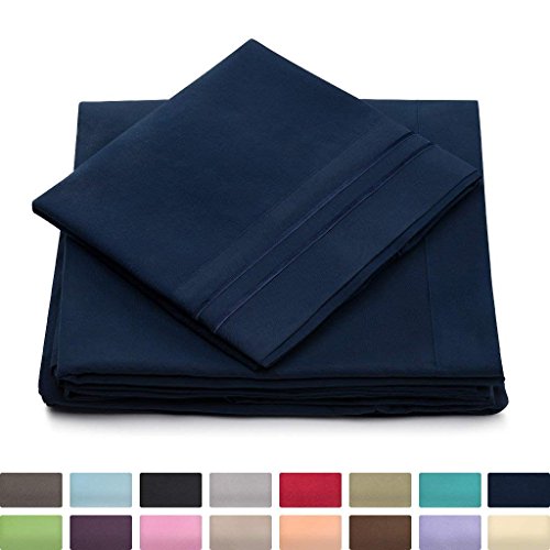 Product Cover Queen Size Bed Sheets - Navy Blue Luxury Sheet Set - Deep Pocket - Super Soft Hotel Bedding - Cool & Wrinkle Free - 1 Fitted, 1 Flat, 2 Pillow Cases - Dark Blue Queen Sheets - 4 Piece