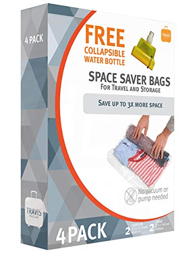 Product Cover Travis Travel Gear Space Saver Bags. No Vacuum Rolling Compression, Has 4 Space Saver bags with 1 free collapsible water bottle, A total of 5 items in box