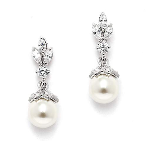 Product Cover Mariell Light Ivory Pearl Drop Vintage Wedding Earrings with Platinum Plated Cubic Zirconia Marquis