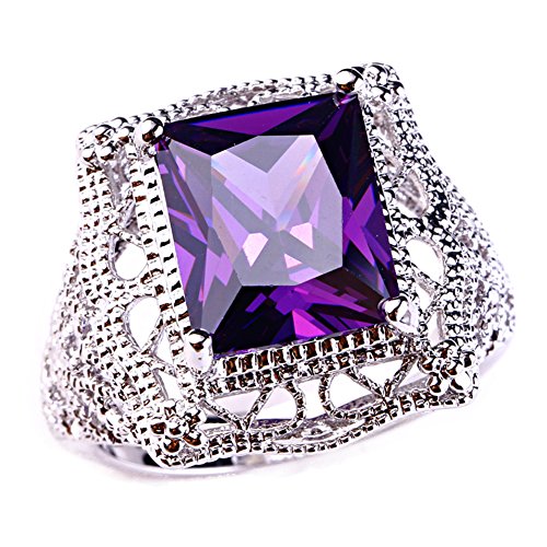 Product Cover Psiroy 925 Sterling Silver Created Amethyst Filled Filigree Art Deco Statement Ring Size 7