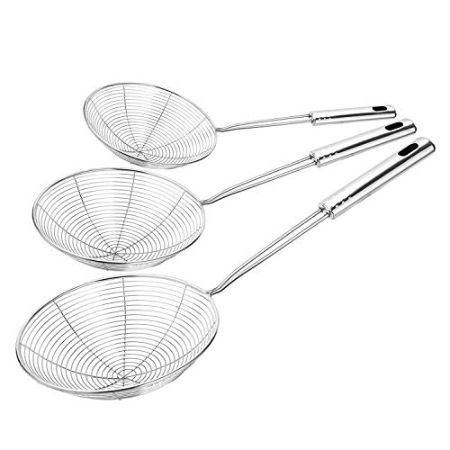 Product Cover Hiware Set of 3 Stainless Steel Skimmer Spider Strainer, 13.8 Inches, 15 Inches & 16.4 Inches, Wire Skimmer with Spiral Mesh, Professional Grade Handle Skimmer Spoon/Ladle for Spaetzle/Chips