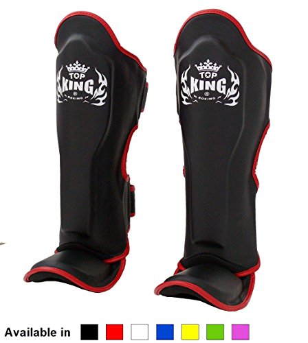 Product Cover Top King Muay Thai Shin Pads TKSGP GL Shin Guards Pro Genuine Leather - Black White Red Blue Green Pink size: S M L XL, Shin Protection for Muay Thai Kick Boxing MMA K1 (Black w/red trim, Large)