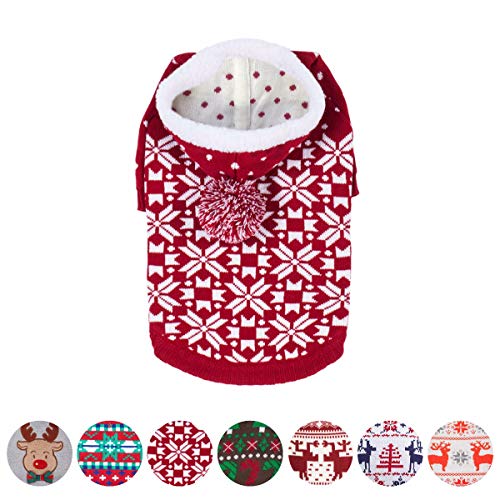 Product Cover Blueberry Pet Let It Snow Classic Ugly Christmas Holiday Snowflake Pullover Hoodie Dog Sweater in Red and White, Back Length 14
