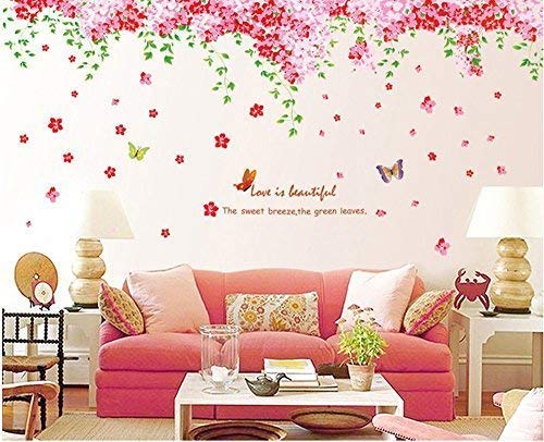 Product Cover Amaonm Large Huge Fashion Pink Romantic Cherry Blossom Flower Vine Butterfly Wall Corner Decal Wall Stickers Murals Wallpaper for Kids Girls Bedroom Living Room Tv Background Wall Corner Decorations