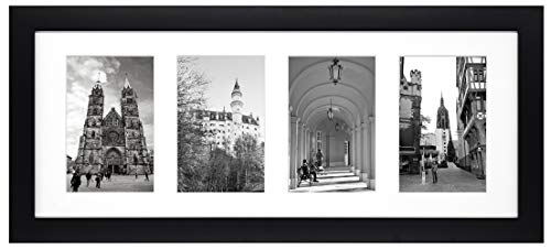 Product Cover Golden State Art, 8x20 Black Photo Wood Collage Frame with Real Glass and White Mat displays (4) 4x6 Pictures