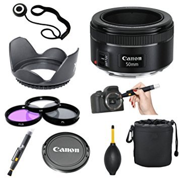 Product Cover Canon EF 50mm f/1.8 STM Lens + 3pc Filter Kit + Lens Pen + Blower + Hood + Lens Pouch + Cap Keeper