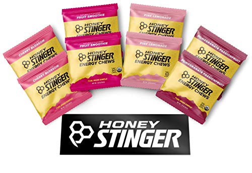 Product Cover Honey Stinger Organic Energy Chews - Variety Pack - 8 Count - Chewy Gummy Energy Source for Any Activity - Pink Lemonade, Fruit Smoothie, Pomegranate Passionfruit & Cherry Blossom - Plus Sticker