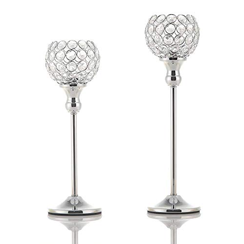 Product Cover VINCIGANT Silver Crystal Tea Light Candle Holders/Sparklers Wedding Candelabra Housewarming Dining Room Coffee Table Decorative Centerpiece,Set of 2