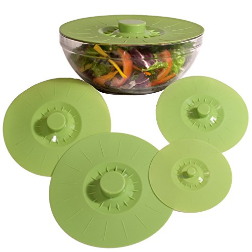 Product Cover Silicone Bowl Lids Green Set of 5 Reusable Suction Seal Covers for Bowls, Pots, Cups. Food Safe. Natural grip, interlocking handles for easy use and storage.