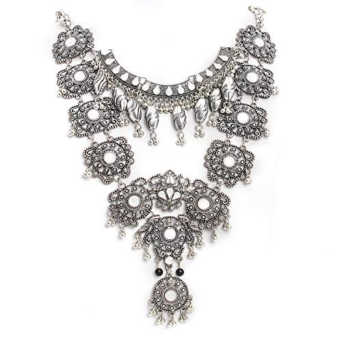 Product Cover CrazyPiercing Vintage Boho Statement Necklace - Fashion Long Silver Bohemian Turkish Themed Necklace Oxidized for Women Big Ethnic Costume Jewelry