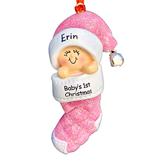 Product Cover Baby's 1st Christmas, Girl Christmas Ornament - FREE Personalization, Ornament Central Baby in Christmas Stocking Pink