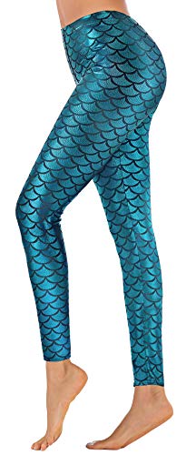 Product Cover Sexy Fish Scale Mermaid Printed Leggings Skinny Pants for Women Deep Blue M