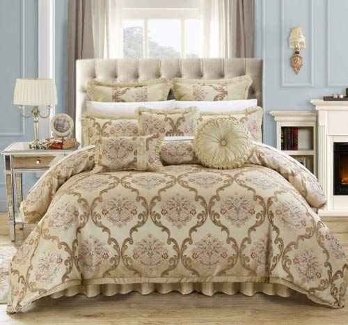 Product Cover Chic Home 9 Piece Aubrey Decorator Upholstery Comforter Set and Pillows Ensemble, King, Beige