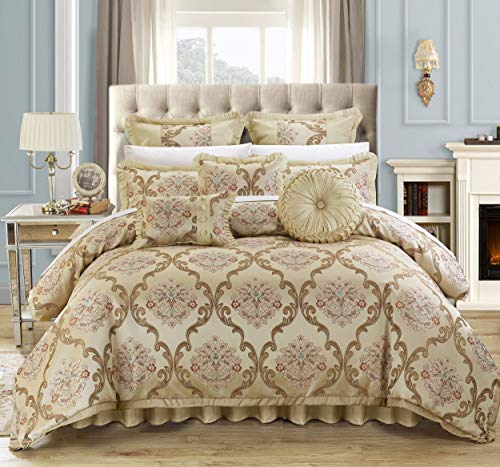 Product Cover Chic Home 9 Piece Aubrey Decorator Upholstery Comforter Set and Pillows Ensemble, Queen, Beige